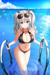  1girl absurdres armpits arms_up bikini black_bikini blue_eyes breasts cleavage collarbone cowboy_shot cropped_legs front-tie_top groin highres kantai_collection kashima_(kantai_collection) large_breasts lemontea_(ekvr5838) navel side-tie_bikini sidelocks silver_hair simple_background solo swimsuit twintails twitter_username undressing wavy_hair white_background wide_hips 
