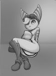  anthro biped black_and_white breasts digital_media_(artwork) eyewear felipepifurs feliscede female fur goggles goggles_on_head lombax looking_at_viewer mammal monochrome nude pinup pose ratchet_and_clank rift_apart_lombax simple_background smile solo stripes video_games 