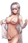  1girl absurdres artist_name azur_lane bangs bare_shoulders belfast_(azur_lane) bikini black_choker blue_eyes braid breasts choker cleavage closed_mouth cowboy_shot eyebrows_visible_through_hair grey_jacket highres jacket large_breasts long_hair long_sleeves looking_at_viewer micro_bikini navel off_shoulder open_clothes open_jacket silver_bikini silver_hair solo stomach swimsuit thigh_strap torrentduck underboob undressing 