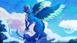  2020 absurd_res blue_body claws cloud detailed_background digital_media_(artwork) digital_painting_(artwork) dragon eggplantkun feathered_dragon feathered_wings feathers feral fur furred_dragon green_eyes hi_res looking_at_viewer multicolored_body outside raio solo vicar wings 