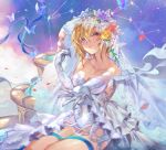  1girl absurdres adapted_costume alternate_costume bare_shoulders blonde_hair blue_eyes breasts bridal_veil collarbone dress elbow_gloves europa_(granblue_fantasy) gloves granblue_fantasy highres kiriyama2109 medium_breasts medium_hair solo veil wedding_dress 