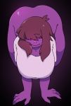  all_fours anthro big_breasts big_butt bottomless breasts brown_hair butt clothed clothing curvy_figure deltarune dinosaur female hair hair_over_eyes hi_res high-angle_view huge_breasts non-mammal_breasts purple_body purple_scales reptile scales scalie shirt simple_background solo susie_(deltarune) thick_thighs topwear underchikichan video_games voluptuous wide_hips 
