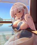  1girl azur_lane between_breasts blinds blue_dress blue_sky blush braid breast_curtains breast_rest breasts china_dress chinese_clothes cleavage commentary curvy day dress eyebrows_visible_through_hair eyelashes flower garter_straps glass glass_table gloves hair_between_eyes hair_flower hair_ornament highres indoors large_breasts looking_at_viewer maku_ro manjuu_(azur_lane) open_window parted_lips pelvic_curtain red_eyes reflection short_hair silver_hair sirius_(azur_lane) sirius_(azure_horizons)_(azur_lane) sitting sky solo table thick_thighs thighhighs thighs white_gloves white_legwear window 