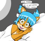  activision anthro bandicoot bed black_nose black_pupils blue_hair breasts cleavage clothed clothing crash_bandicoot_(series) dark_nose dark_pupils dialogue english_text female first_person_view fur furniture hair iris lips looking_at_viewer mammal mariogrant marsupial megumi_bandicoot monotone_ears monotone_hair monotone_inner_ear multicolored_body multicolored_face multicolored_fur on_bed orange_body orange_ears orange_face orange_fur pink_lips pupils small_iris small_pupils solo talking_to_viewer tan_body tan_face tan_fur tan_inner_ear text two_tone_body two_tone_face two_tone_fur under_covers video_games wide_eyed yandere yellow_eyes 
