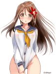  1girl alternate_costume amagi_(kantai_collection) areolae ass_visible_through_thighs blush breasts brown_eyes brown_hair commentary_request cowboy_shot hair_ornament high_ponytail highres kantai_collection large_breasts leaf_hair_ornament long_hair looking_at_viewer mole mole_under_eye nipples no_bra no_panties open_mouth partially_visible_vulva pulled_by_self school_uniform see-through serafuku shirt_pull sidelocks solo sweatdrop takase_muu thighs white_background wide_ponytail 