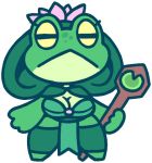  alpha_channel amphibian anthro breasts chibi cleavage clothed clothing female flower_on_head frog holding_object hooded low_res non-mammal_breasts scribsart simple_background solo standing stick transparent_background 