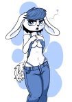  &lt;3 abstract_background absurd_res anthro bottomwear clothed clothing clothing_lift ears_down female fluffy garbagegarage hi_res lagomorph leporid lidded_eyes mammal open_mouth pants pivoted_ears rabbit shirt shirt_lift solo top topwear 