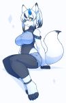  2020 4_toes 5_fingers absurd_res anthro big_breasts blue_eyes bottomwear breasts canid canine clothed clothing devil-vox eyewear female fingers fluffy fluffy_tail fox fully_clothed fur glasses hair hi_res kemono leotard looking_at_viewer mammal pants simple_background sitting snout solo toes topwear white_background white_body white_fur white_hair 