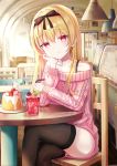  1girl aran_sweater arifureta_shokugyou_de_sekai_saikyou bangs bare_shoulders bendy_straw black_bow black_hairband black_legwear black_ribbon blonde_hair blurry blurry_background blush bow breasts cafe cake ceiling_light chair closed_mouth collarbone commentary_request crossed_legs cup dress drink drinking_glass drinking_straw eyebrows_visible_through_hair feet_out_of_frame food fruit hair_between_eyes hair_bow hair_ribbon hairband hand_on_own_face highres holding indoors iren_lovel long_hair long_sleeves looking_at_viewer off-shoulder_sweater off_shoulder on_chair pink_sweater plate red_eyes ribbon sitting sleeves_past_wrists smile solo strawberry sweater sweater_dress table thighhighs very_long_hair yue_(arifureta) 