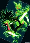  2020 2_fingers 2_toes 3_fingers 3_toes absurd_res alternate_version_at_source attack claws duo fingers green_body grovyle hi_res leaf nintendo pok&eacute;mon pok&eacute;mon_(species) red_body reptile scalie sceptile signature smile teoluve378 toe_claws toes video_games yellow_sclera 