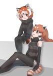  2girls :3 animal_ears bare_shoulders black_fur black_gloves black_legwear black_neckwear black_shirt black_sweater bow bowtie brown_eyes commentary_request elbow_gloves extra_ears eyebrows_visible_through_hair fur_collar gloves highres kemono_friends lesser_panda_(kemono_friends) long_hair long_sleeves looking_at_another multicolored_hair multiple_girls multiple_persona panda_ears panda_girl panda_tail pantyhose red_hair shirt short_hair short_shorts shorts sidelocks sitting sleeveless striped striped_shirt sweater tatsuno_newo white_hair 