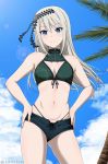  1girl bangs bikini bikini_under_clothes blue_eyes blue_sky blush clothing_request cloud cowboy_shot front-tie_bikini front-tie_top green_bikini hairband highres inoshira kaguya-sama_wa_kokurasetai_~tensai-tachi_no_renai_zunousen~ lens_flare palm_tree shirogane_kei short_shorts shorts silver_hair sky slit_pupils smile solo swimsuit tree watermark 