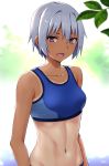  1girl :d backlighting bangs bare_arms bare_shoulders blush breasts cleavage collarbone commentary_request hashi leaf medium_breasts navel open_mouth original purple_eyes short_hair silver_hair smile sports_bra stomach toned upper_body 