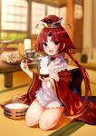  1girl absurdres bangs benienma_(fate/grand_order) bird_hat blurry blurry_background fate/grand_order fate_(series) highres japanese_clothes kida_kuro_mu kimono kneeling long_hair long_sleeves looking_at_viewer low_ponytail open_mouth parted_bangs red_eyes red_hair rice rice_spoon solo table wide_sleeves 