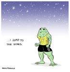  abs amphibian anthro bodily_fluids clothed clothing english_text frog male marko_comics muscular muscular_male signature solo star sweat text 