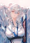  1girl animal_ears arknights arms_behind_head arms_up bangs bear_ears breasts cleavage clouble heterochromia highres long_hair necktie poca_(arknights) solo white_background white_hair 