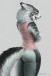  angry anthro big_butt butt clothed clothing digital_media_(artwork) digital_painting_(artwork) domestic_cat exercise_clothing felid feline felis female fluffy fluffy_tail green_eyes hi_res huge_butt ironwood looking_at_viewer looking_back maine_coon mammal neck_tuft open_mouth simple_background solo spandex teeth thick_thighs tight_clothing tuft whiskers yoga_pants 