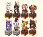  2boys 6+girls animal_ears animal_nose barefoot beige_background beige_fur black_fur black_hair black_legwear bright_pupils character_request commentary_request fox fox_ears fox_girl fox_tail fullbokko_heroes furry goat_eyes highres horns kishibe long_hair multiple_boys multiple_girls nue_(fullbokko_heroes) ooguchi_no_magami_(fullbokko_heroes) orange_eyes orange_fur purple_eyes purple_fur red_eyes sheep_horns short_hair simple_background snout standing tail thighhighs two-tone_fur white_fur white_hair white_pupils yellow_eyes yellow_fur 