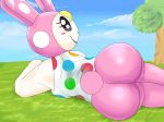  2020 absurd_res aerth animal_crossing anthro blonde_hair blush butt chrissy_(animal_crossing) clothed clothing digital_media_(artwork) featureless_crotch female fur grass hair hare hi_res lagomorph leporid long_ears looking_back lying mammal nintendo on_side pink_body pink_fur polka_dots rabbit shirt short_tail smile solo topwear video_games white_body white_fur wide_eyed wide_hips 