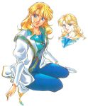  1990s_(style) 1girl blonde_hair blue_pants earrings jewelry kouno_sachiko long_hair long_sleeves looking_at_viewer multiple_views official_art pants portrait simple_background sitting smile stud_earrings super_robot_wars super_robot_wars_original_generation super_robot_wars_the_lord_of_elemental tytti_norback white_background yokozuwari 