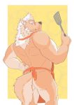  anthro apron apron_only back_muscles brown_body brown_fur butt canid canine canis clothing demon fur hair hi_res looking_back male mammal marchosias_(tas) mostly_nude muscular muscular_male solo spatula tokyo_afterschool_summoners tools tusks video_games white_hair wolf zenon_s2017 