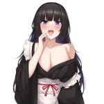  1girl bangs black_hair blue_eyes blunt_bangs blush breasts cleavage collarbone eyebrows_visible_through_hair fang fou_zi highres huge_breasts long_hair looking_at_viewer maid open_mouth original ribbon simple_background smile solo tongue upper_body white_background 