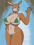  anthro big_breasts bikini blue_eyes brandonomegax2 breasts brown_body brown_fur cervid clothed clothing female fur huge_breasts mammal micro_bikini signature skimpy skimpy_bikini solo swimwear water 