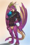  absurd_res anthro bastion black_clothing bottomless claws clothed clothing dragon hand_in_pocket hi_res membrane_(anatomy) membranous_wings multicolored_body multicolored_scales pockets purple_body purple_scales purple_tail purple_wings scales scalie solo teeth toe_claws wings 