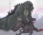  5:4 absurd_res anthro big_breasts big_butt bodily_fluids breasts butt claws cum cum_inside cum_leaking duo female female_penetrated from_behind_position genital_fluids godzilla godzilla_(series) green_body green_scales hi_res kaiju larger_male male male/female male_penetrating male_penetrating_female muto_(godzilla) penetration red_eyes saliva scales sex simple_background size_difference spikes text thick_thighs toho tongue tongue_out unrealcereal 