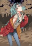  1girl aqua_eyes aqua_hair belt bubble_blowing chewing_gum cowboy_shot denim earrings eyewear_on_head hair_between_eyes hatsune_miku highres jacket jeans jewelry long_hair off_shoulder pants red_jacket shiratamaou shirt solo_focus suna_no_wakusei_(vocaloid) sunglasses t-shirt very_long_hair vocaloid 