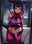  1girl arms_behind_back bars breasts bruise commission commissioner_upload cuts daria_leonova drill_hair halter_top halterneck han_juri highres injury parted_lips prison prison_cell solo spread_legs street_fighter street_fighter_iv_(series) torn_clothes twin_drills 