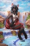  anklet anthro black_nose bracelet breasts brown_body brown_fur claws cloth clothing cloud ear_piercing ear_ring female fur hair hi_res hyaenid jewelry leaf looking_at_viewer mammal nipple_piercing nipple_ring nipples outside paws piercing plant rock sky solo striped_body striped_hyena stripes translucent translucent_clothing waterfall zephra 
