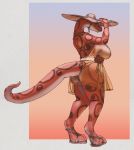  5_fingers anthro breasts butt clothed clothing copperroach female fingers footwear hat headgear headwear hi_res long_tail looking_at_viewer non-mammal_breasts red_body red_scales reptile sandals scales scalie simple_background snake solo spots spotted_body spotted_scales sunhat 