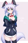  1girl ? animal_ear_fluff animal_ears bangs black_jacket black_legwear black_leotard blush bow bowtie breasts brown_background bunny_ears cleavage closed_mouth collar collarbone detached_collar eyebrows_visible_through_hair fox_ears fox_girl fox_tail green_eyes grey_hair hair_between_eyes hands_in_pockets hood hood_down hooded_jacket jacket leotard leotard_under_clothes long_sleeves medium_breasts original puffy_long_sleeves puffy_sleeves red_neckwear romaji_text shirogane_kasane solo surume_aburi tail thighhighs two-tone_background white_background white_collar wing_collar 