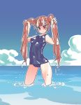  1girl arms_up beach blue_sky blush brown_hair closed_mouth cloud covered_navel covered_nipples dripping fang fingernails gomaeng highres outdoors partially_submerged pink_eyes shiny shiny_skin sky solo standing swimsuit twintails ueno-san_wa_bukiyou ueno_(ueno-san_wa_bukiyou) water wet 