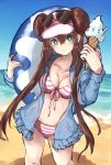  1girl beach bikini breasts brown_hair casteliacone cleavage closed_mouth coat collarbone double_bun drinking_straw e-co eyewear_on_head food frills green_eyes heart ice_cream ice_cream_cone innertube large_breasts long_hair looking_at_viewer mei_(pokemon) pokemon pokemon_(game) pokemon_bw2 sand smile solo sunglasses swimsuit swimwear twintails very_long_hair visor_cap water 