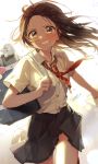  1girl absurdres bag bare_thighs blue_skirt blush brown_eyes brown_hair grimace highres long_hair necktie original pleated_skirt pomu red_neckwear running school_uniform shirt short_sleeves skirt solo stuffed_toy sweat sweatdrop teeth white_background white_shirt 