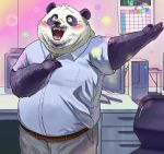  2020 anthro beard belly blush bottomwear clothing computer detailed_background facial_hair fur giant_panda kemono male mammal multicolored_body multicolored_fur overweight overweight_male pants q83561965 shirt solo teeth topwear two_tone_body two_tone_fur ursid white_body white_fur 