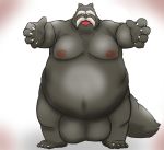  2020 absurd_res anthro balls belly big_balls blush canid canine facial_hair genitals hi_res humanoid_hands inugami_gyoubu_(nurarihyon_no_mago) kemono male mametanu_tanuki mammal moobs mustache nipples nurarihyon_no_mago obese overweight overweight_male raccoon_dog simple_background solo tanuki 