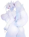  2020 anthro blush breasts butt canid female fur hair hi_res htg looking_at_viewer mammal nude open_mouth ponytail raised_tail rear_view simple_background smile solo white_background white_body white_fur white_hair 
