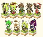  3boys 6+girls animal_ears animal_nose antlers bastet_(fullbokko_heroes) beige_background beige_fur breasts brown_eyes brown_fur brown_hair cat cat_ears cat_girl cat_tail character_request closed_eyes commentary_request eyebrows_visible_through_hair fullbokko_heroes furry glasses green_eyes green_fur green_hair grey_fur highres kishibe kushinada_(fullbokko_heroes) long_hair medium_breasts medium_hair multiple_boys multiple_girls navel oota_sukemoto_(fullbokko_heroes) plump purple_feathers purple_hair reindeer_antlers short_hair simple_background small_breasts snout standing tail white_fur white_hair wings yellow_eyes yellow_fur 