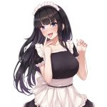  1girl bangs black_hair blue_eyes blunt_bangs blush breasts cleavage collarbone cunnilingus_gesture eyebrows_visible_through_hair fang fou_zi highres huge_breasts long_hair looking_at_viewer maid maid_headdress open_mouth original ribbon simple_background skin_fang smile solo tongue tongue_out upper_body v white_background 