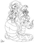  anaconda animal_humanoid anthro belt bikini boa_(snake) boa_sandersonia boinae boots breasts cape clothing duo female footwear hair hat headgear headwear humanoid long_hair monochrome one_piece reptile reptile_humanoid scalie scalie_humanoid serpentine simple_background size_difference snake snake_humanoid swimwear tongue tongue_out unknown_artist white_background wide_hips 