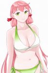  1girl absurdres akashi_(kantai_collection) bikini blurry breasts cleavage collarbone cowboy_shot gradient_bikini green_bikini green_eyes hair_ribbon highres kantai_collection long_hair looking_at_viewer medium_breasts navel ojipon pink_hair ribbon side-tie_bikini simple_background solo swimsuit tress_ribbon white_background 