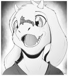  2019 ambiguous_gender anthro asriel_dreemurr barefoot biped black_and_white black_body black_fur border bovid bust_portrait canid canine canis caprine clothed clothing crossed_legs digital_drawing_(artwork) digital_media_(artwork) duo english_text eyes_closed fangs feral floppy_ears fluffy fluffy_tail front_view fur fur_markings fur_tuft goat gradient_background grey_background greyscale happy head_tuft horn larger_ambiguous larger_anthro looking_at_another lying macro male_(lore) mammal markings micro monochrome nude on_snout open_mouth open_smile paws portrait quadruped s2-freak shirt side_view simple_background sitting size_difference smaller_ambiguous smaller_feral smile snowball_(s2-freak) standing symbol teeth text tongue topwear tuft undertale video_games watermark white_body white_border white_fur wolf young 