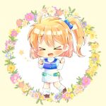  &gt;_&lt; 1girl :d bangs beige_background blonde_hair blue_jacket blush brown_footwear chibi closed_eyes commission dress eyebrows_visible_through_hair facing_viewer floral_background flower full_body hair_between_eyes hair_bobbles hair_ornament hands_up index_finger_raised jacket kouu_hiyoyo long_sleeves loose_socks lowres one_side_up open_mouth pink_flower presia_zenoskis purple_flower shoes sleeveless sleeveless_jacket smile socks solo standing standing_on_one_leg star_(symbol) super_robot_wars super_robot_wars_the_lord_of_elemental two-tone_background white_background white_dress white_flower white_legwear xd yellow_flower 