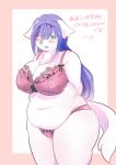  2020 absurd_res anthro belly blue_hair blush bra canid canine clothed clothing female fur fur_tuft hair hi_res looking_at_viewer mammal monotone_body monotone_ears monotone_fur multicolored_bra open_mouth panties pink_bra solo text tuft ukenya underwear white_body white_fur 