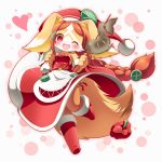  1girl :3 :d alternate_costume animal_ears bag bare_shoulders blush boots breasts brown_fur brown_hair chantico_(fullbokko_heroes) christmas collarbone commentary_request detached_sleeves dog dog_ears dog_girl dog_tail fish full_body fullbokko_heroes fur-trimmed_sleeves fur_trim furry grilled_fish hair_ornament happy hat headwear heart holding holding_bag holding_stick leg_up long_hair looking_at_viewer medium_breasts neru_(neruneruru) one_eye_closed open_mouth partial_commentary red_eyes red_pepper red_sleeves santa_boots santa_hat sideboob simple_background smile solo stick tail two-tone_fur white_bag white_fur x_hair_ornament 