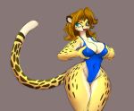  2019 anthro blue_eyes breasts brown_hair camel_toe cheetah clothing felid feline female hair hand_on_breast mammal navel nipple_outline one-piece_swimsuit simple_background solo spots spotted_body swimwear tgwonder wide_hips 