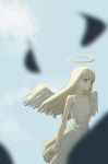  1girl angel angel_wings bangs bare_arms bare_shoulders blonde_hair cowboy_shot dress film_grain green_eyes halo long_hair looking_ahead original potato_(sakanakoko) sky sleeveless sleeveless_dress solo sundress white_dress wind wings 